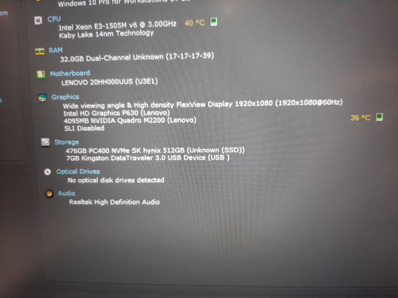 Lenovo ThinkPad P51 Xeon E3-1505M v6 3.0Ghz 32GB 512GB NVMe NVIDIA 4GB M2200
