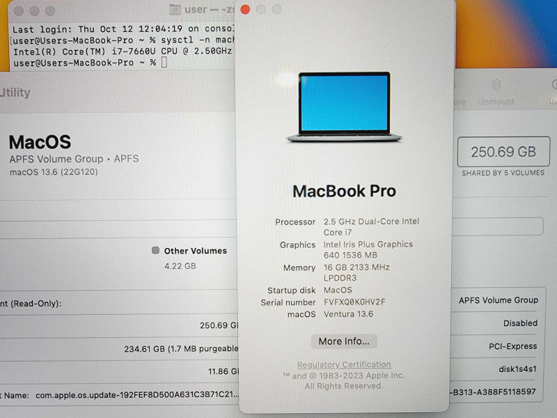 Apple Macbook Pro 2017 13\\" Core i7-7660U @ 2.5GHz 16GB DDR3 250GB SSD [Read] (