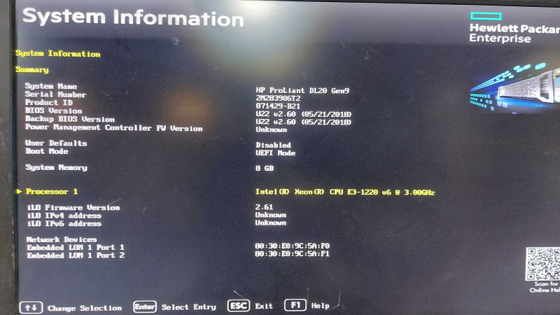 HPE Proliant DL20 Gen9 E3-1220 V6 @ 3.00ghz / 8gb ram / READ Q#