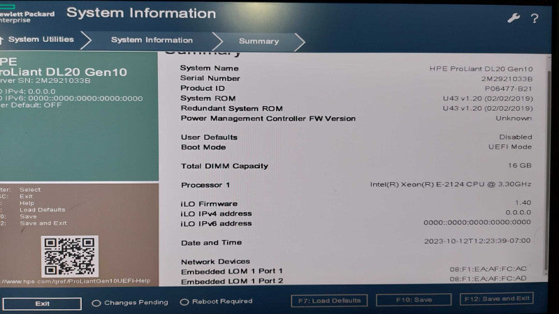 HPE proliant DL20 Gen10 Xeon E-2124 @ 3.30ghz / 16gb ram S100i SR Gen10 RaiD #