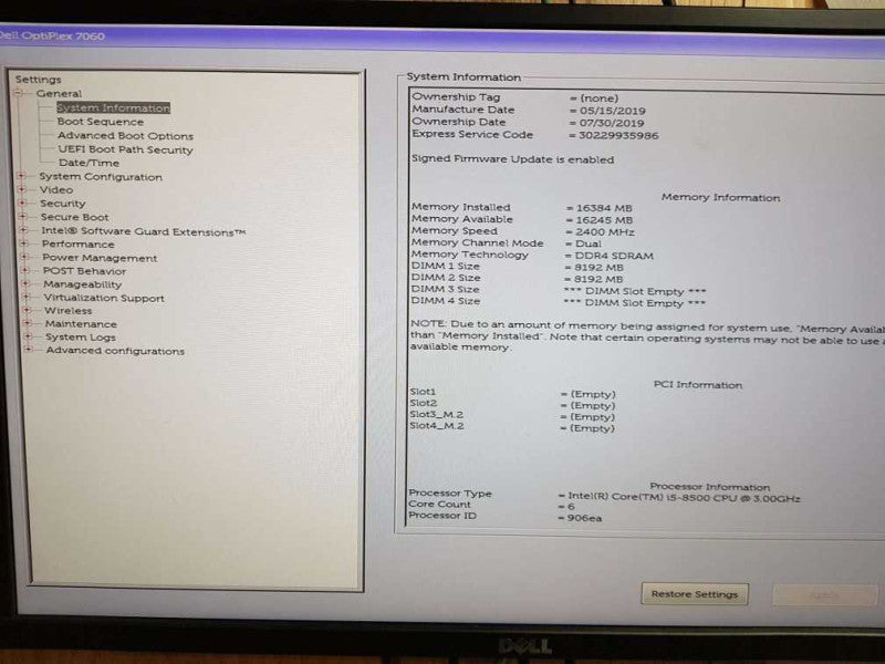 Dell OptiPlex 7060 SFF Core i5 - 8500 CPU @ 3.00GHz 16GB  DDR4 RaM (NO HDD)
