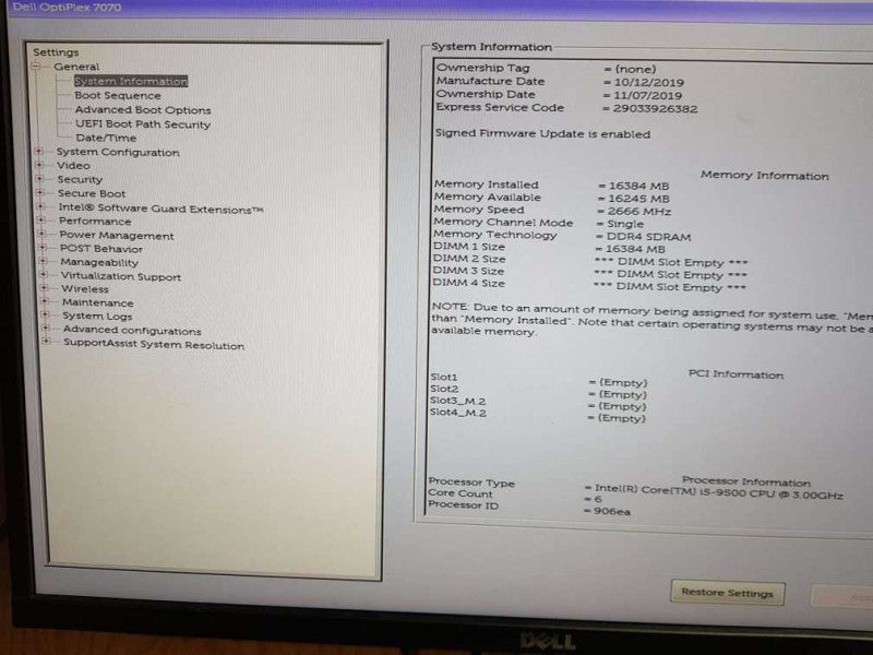 Dell OptiPlex 7070 SFF i5 - 9500 CPU @ 3.00GHz 16GB DDR4 Ram (NO HDD) Q