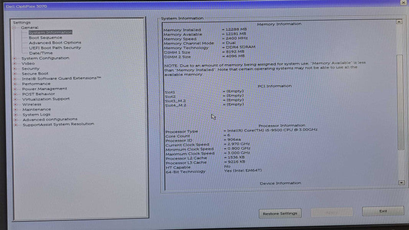 Dell OptiPlex 3070 SFF i5-9500 @ 3.00GHz 12GB DDR4 | NO HDD/OS )