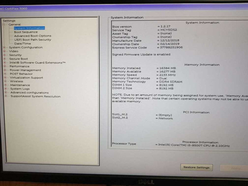Dell OptiPlex 3060 USFF  i5- 8500T CPU @  2.10GHz 16GB DDR4 Ram ( NO HDD) Q