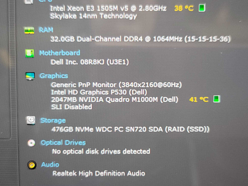 Dell Precision 15 3510 Xeon 1505m, 32GB DDR4, 2GB Quadro M1000M, 512GB m.2