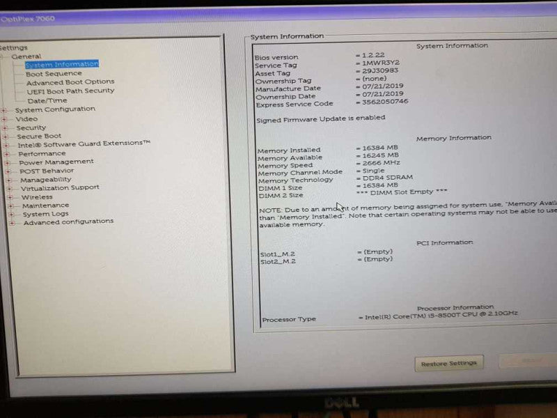 DELL OPTIPLEX 7060 USFF Core i5 - 8500T CPU 2.10GHz 16GB  DDR4 RaM (NO HDD) Q