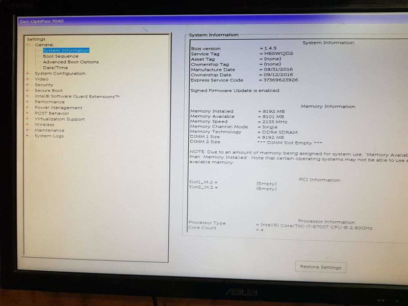 Dell Optiplex 7040 USFF  i7 - 6700T CPU @  2.80GHz 8GB DDR4 Ram (NO HDD) Q