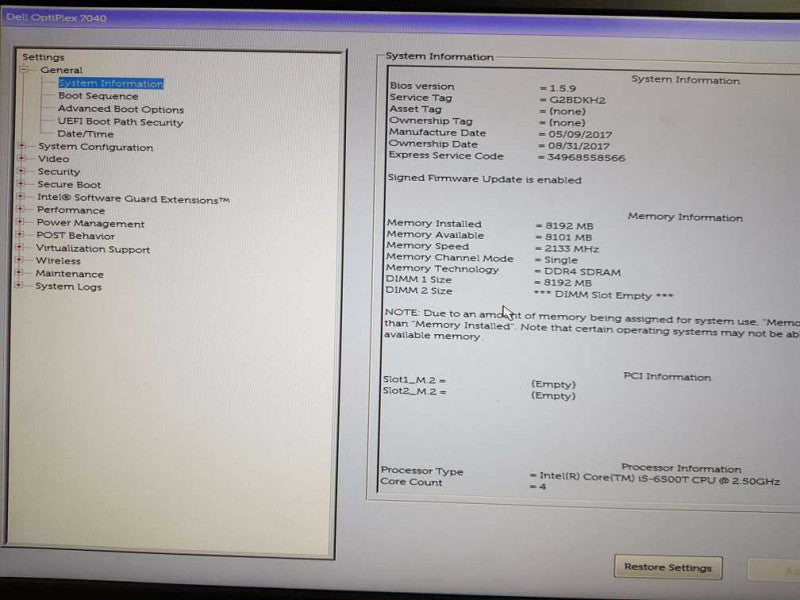 Dell Optiplex 7040 USFF  i5 - 6500T CPU @  2.50GHz 8GB DDR4 Ram (NO HDD) Q
