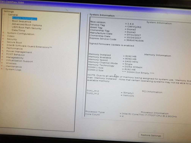 Dell OptiPlex 7050 SFF i7-7700T  CPU @ 2.90GHz  8GB  DDR4 RaM ( NO HDD) Q