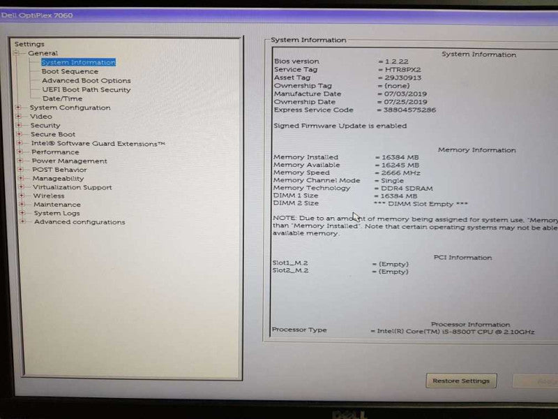 DELL OPTIPLEX 7060 USFF Core i5 - 8500T CPU 2.10GHz 16GB DDR4 RaM (NO HDD) Q