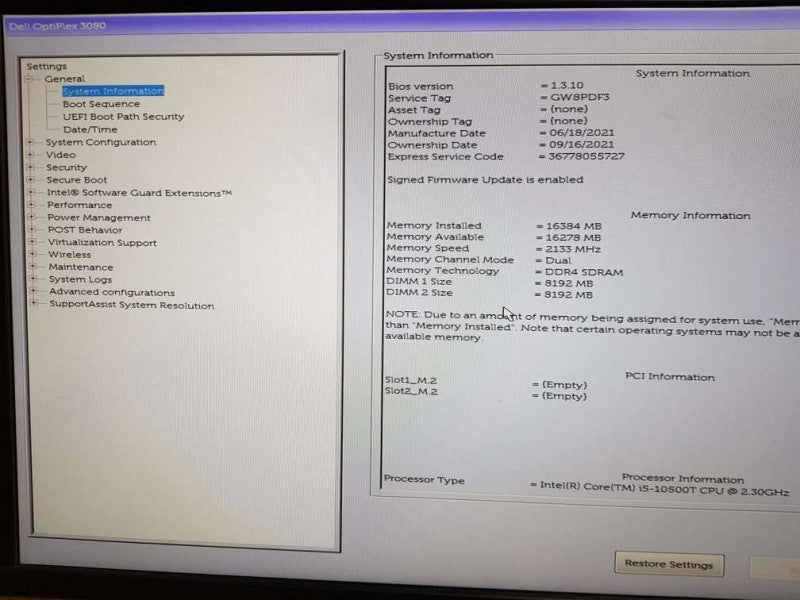 Dell OptiPlex 3080 Micro i5 - 10500T  CPU @ 2.30GHz 16GB DDR4 Ram ( NO HDD )