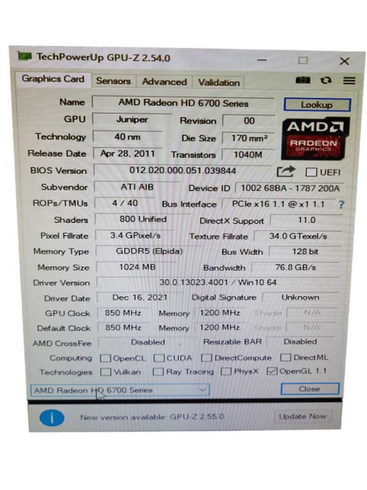 AMD Radeon HD 6700 Series Graphic Card DDr5 1 GB &