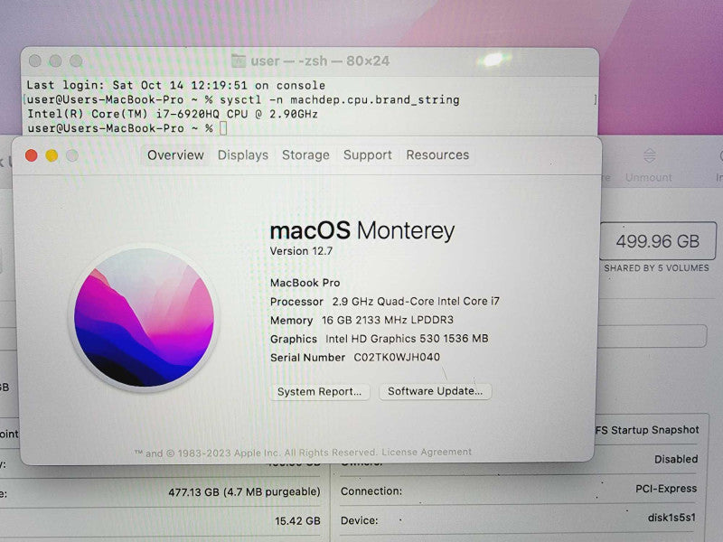 Apple Macbook Pro 2016 15\\" Core i7-6920HQ @ 2.9GHz 16GB DDR3 500GB SSD Radeon Pro 460 4GB (