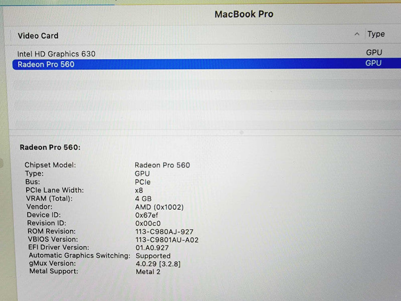 Apple Macbook Pro 2017 15\\" Core i7-7920HQ @ 3.1GHz 16GB DDR3 500GB SSD Radeon Pro 560 4GB (