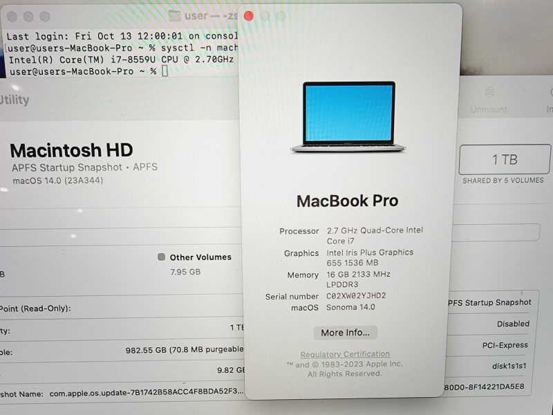 Apple Macbook Pro 2018 13\\" Core i7-8559U @ 2.7GHz 16GB DDR3 1TB SSD (