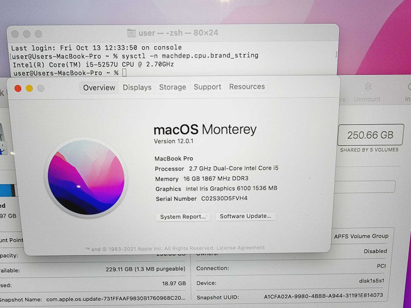 Apple Macbook Pro 2015 13\\" Core i5-5257U @ 2.7GHz 16GB DDR3 250GB SSD (