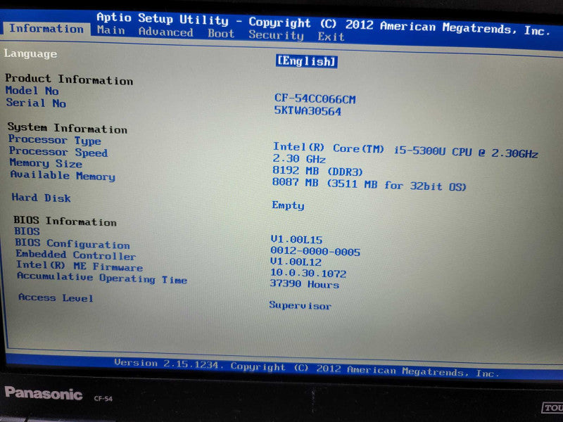Panasonic ToughBook CF-54 i5-5300U, 8GB DDR4, NO HDD, NO CADDY, 37K Hours