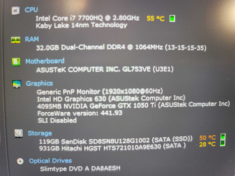 ASUS ROG GL753VE i7-7700HQ, 32GB DDR4, 4GB Nvidia GTX 1050 Ti, 128GBm.2 + 1TB
