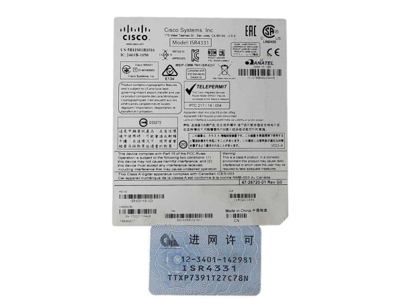 Cisco ISR4331/K9 V03 Enterprise Service Router Not Affected $