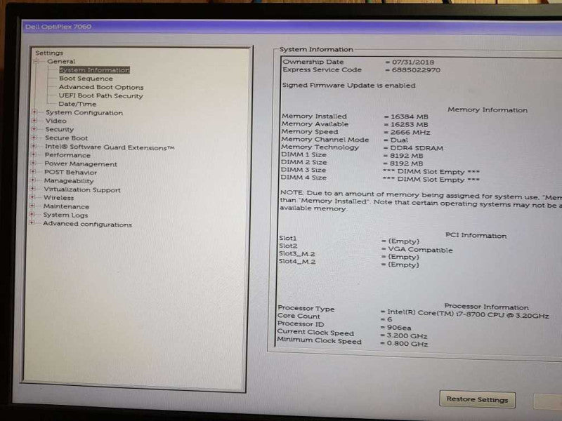 Dell OptiPlex 7060 SFF  i7- 8700 CPU @ 3.20GHz 16GB DDR4  Ram (NO HDD)