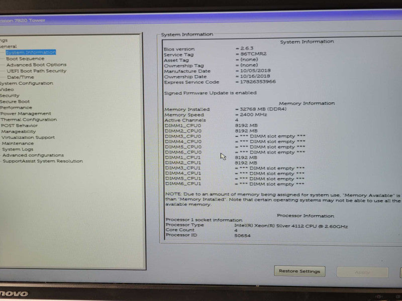 Dell Precision T7820, 2x Xeon Silver 4112 2.6GHz, 32GB DDR4, Quadro P1000 GPU _