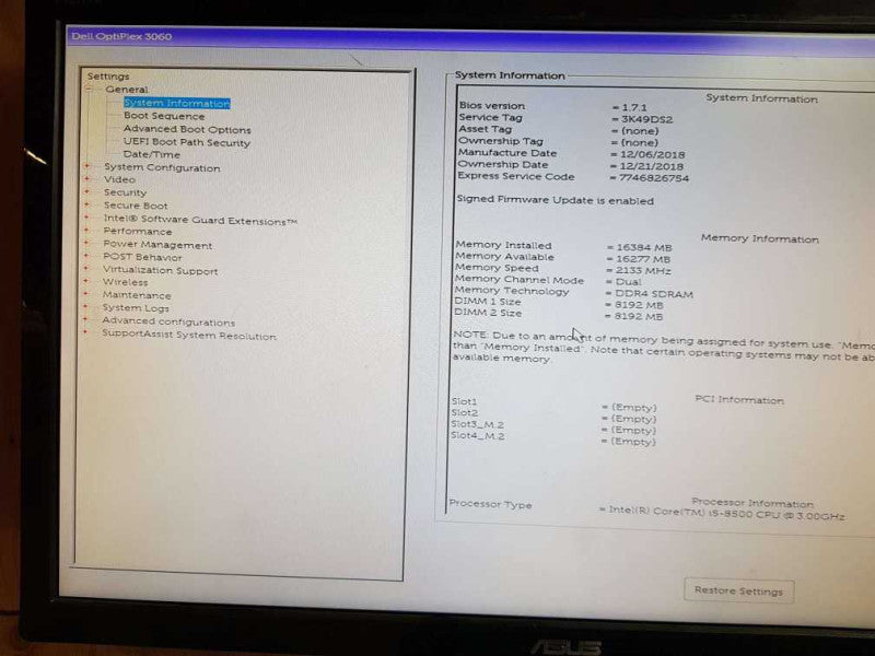 Dell OptiPlex 3060 SFF i5- 8500 CPU @ 3.00GHz 16GB DDR4 Ram (NO HDD)