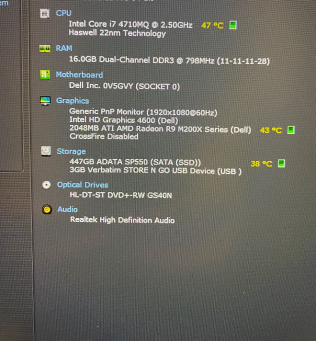 DELL PRECISION M4800 Workstation i7-4710MQ RADEON R9M200X 2GB 16GB RAM 480SSD