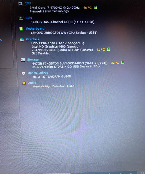 Lenovo ThinkPad W540 Workstation i7-4700MQ QUADRO K1100M 2GB 32GB RAM 480 SSD