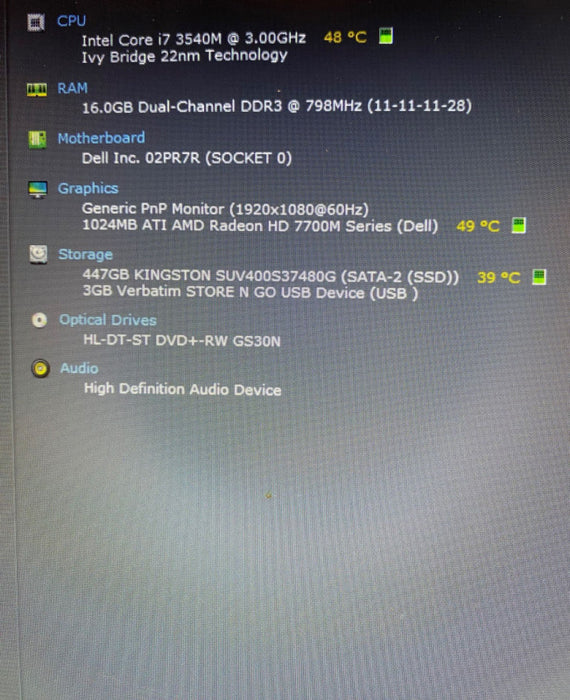 DELL PRECISION M4700 Workstation i7-3540M RADEON HD770M 1GB GPU 16GB 480G SSD