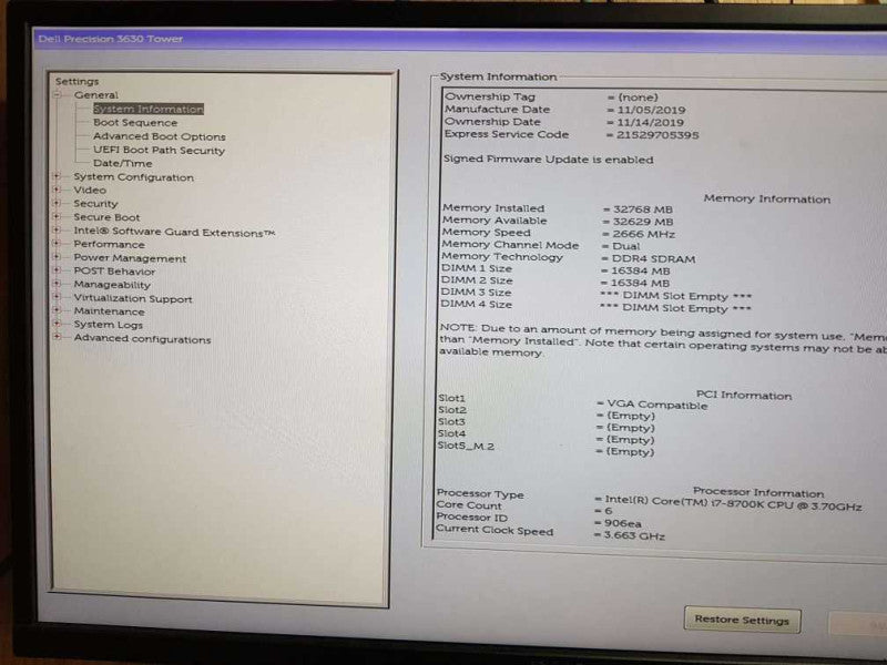 Dell Precision 3630 Tower Core i7- 8700K CPU @ 3.70GHz 32GB DDR4 Ram(NO HDD)