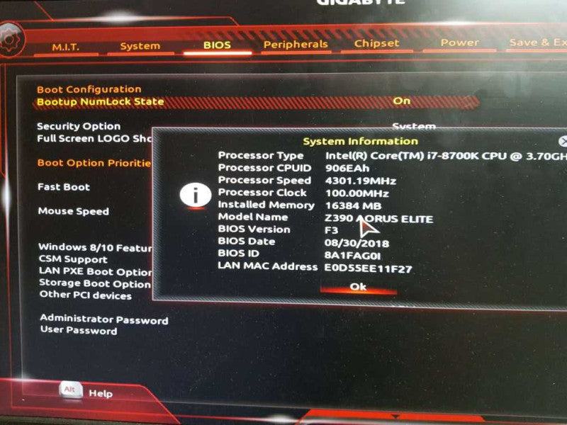 Custom Gaming PC Z390 AORUS ELITE i7-8700K CPU @ 3.700GHz 16GB DDR4  (NO HDD)