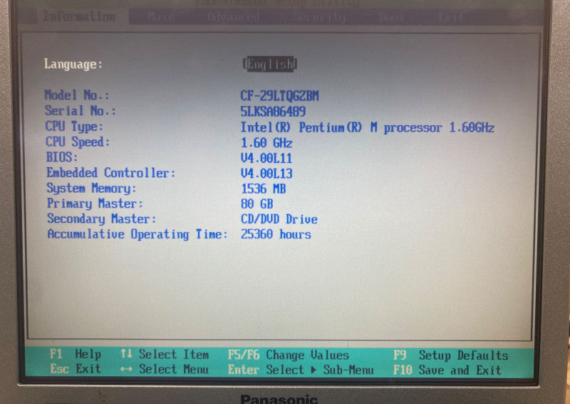 PANASONIC TOUGHBOOK CF-29 Intel Pentium M @1.60GHz 1.5GB RAM 80GB HDD 25360Hr