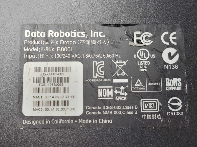Data Robotics Drobo B800i 8-Bay NAS with 2x 6TB Hard Drives, READ _