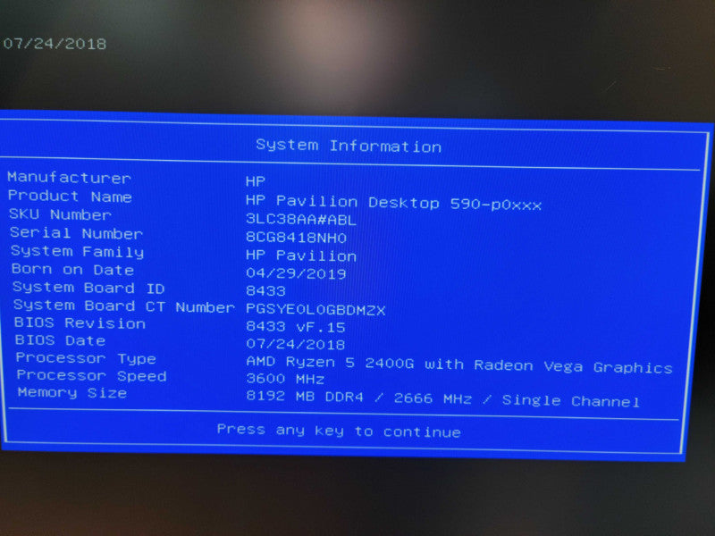 HP Paqvilion 590 - AMD Ryzen 5 2400G | 8GB RAM | NO HDD (READ)