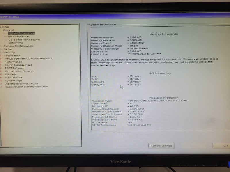 Dell OptiPlex 3080 PC Core i5-10500 3.1GHz  6-Core,8GB DDR4 NO HDD _