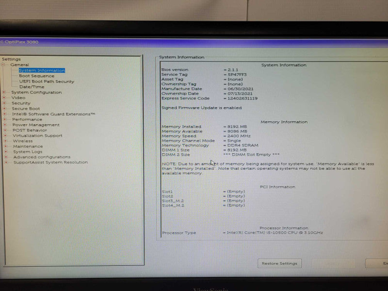 Dell OptiPlex 3080 PC Core i5-10500 3.1GHz  6-Core,8GB DDR4 NO HDD _