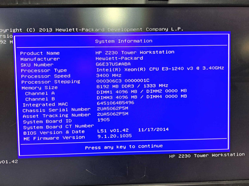 HP Z230 workstation Xeon E3-1240 v3 @ 3.40ghz / 8gb ram / Quadro K600 #