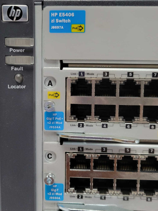 HP E5406 zl Switch J8697A with 1x J9534A 1x J9550A 1x J9535A 2x PSU _