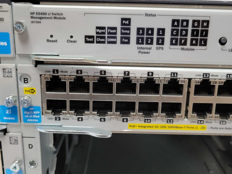 HP E5406 zl Switch J8697A with 1x J9534A 1x J9550A 1x J9535A 2x PSU _