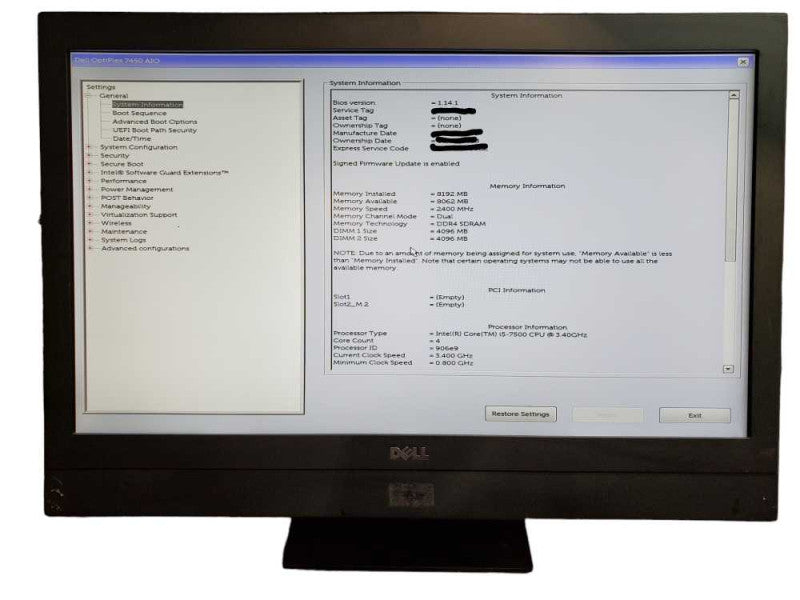 Dell OptiPlex 7450 AIO i5-7500 8GB DDR3 NO HDD Q@