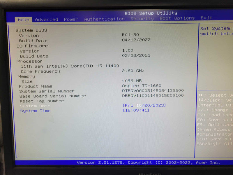 Aser Aspire TC-1660 Series D17E5, Core I5-11400 2.6GHz, 4GB RAM, No HDD _