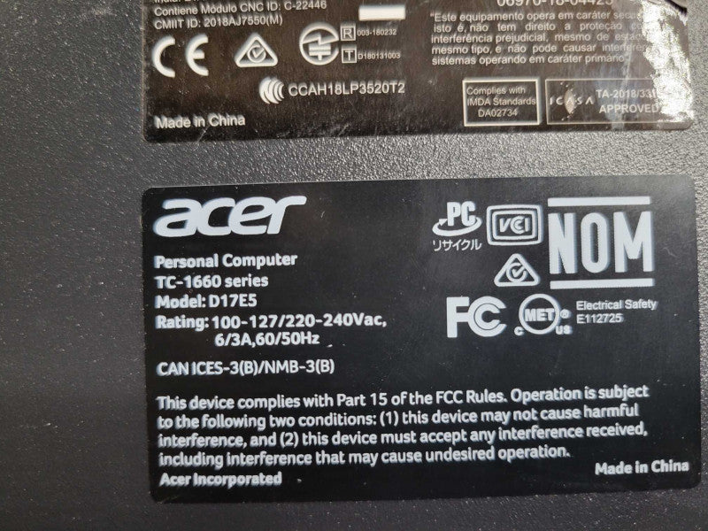 Aser Aspire TC-1660 Series D17E5, Core I5-11400 2.6GHz, 4GB RAM, No HDD _