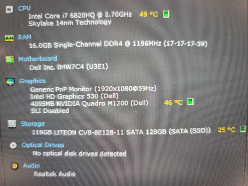 Dell Precision 5520 i7-6820HQ, 16GB DDR4, 4GB Quadro M1200, 128GB SSD *No AC