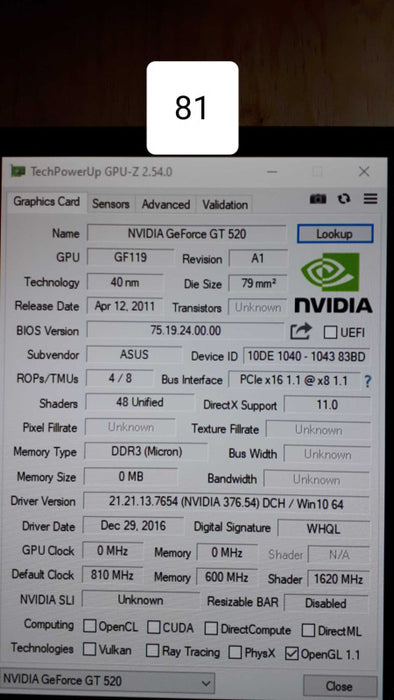 Asus NVIDIA GEFORCE GT 520 Graphic Card &