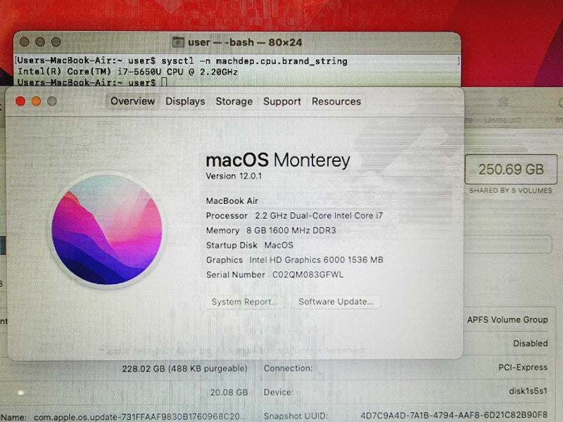 Apple Macbook Air 2015 11\\" Core i7-5650U @ 2.2GHz 8GB DDR3 250GB SSD (