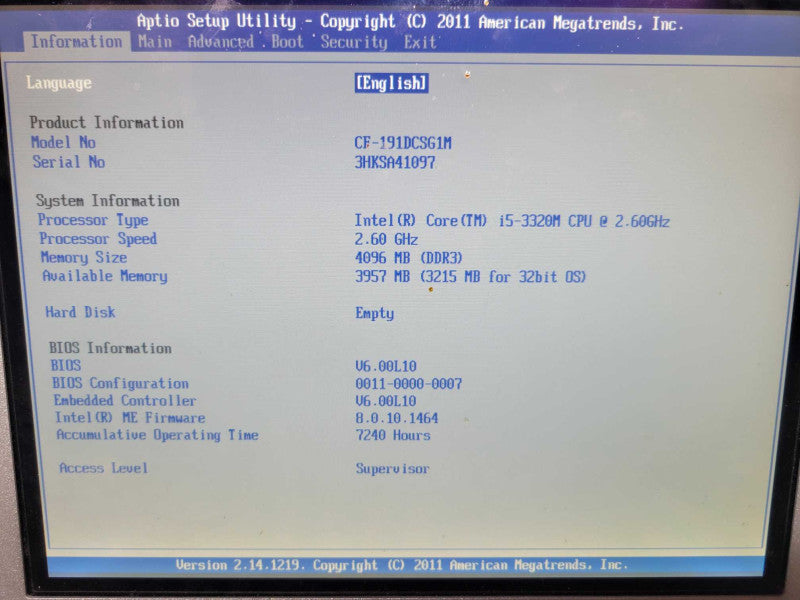 Panasonic Toughbook CF-19 - Core i5-3320M | 4GB RAM | NO HDD | CELL | PWR ADPTR