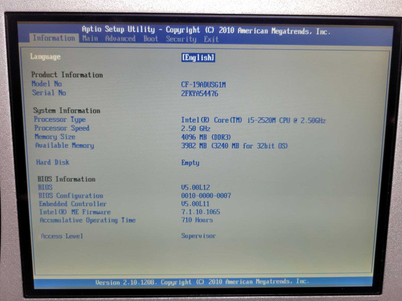 Panasonic Toughbook CF-19 - Core i5-2520M | 4GB RAM | NO HDD | CELL | PWR ADP %