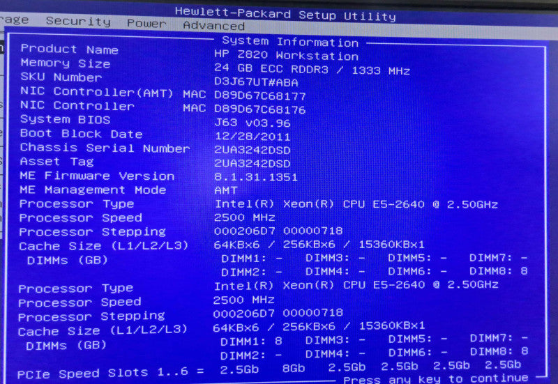 HP Z820 WS 2x Xeon E5-2640 @ 2.50GHz 24GB Ram LSI SAS 2308 No GPU 1125W PSU  )