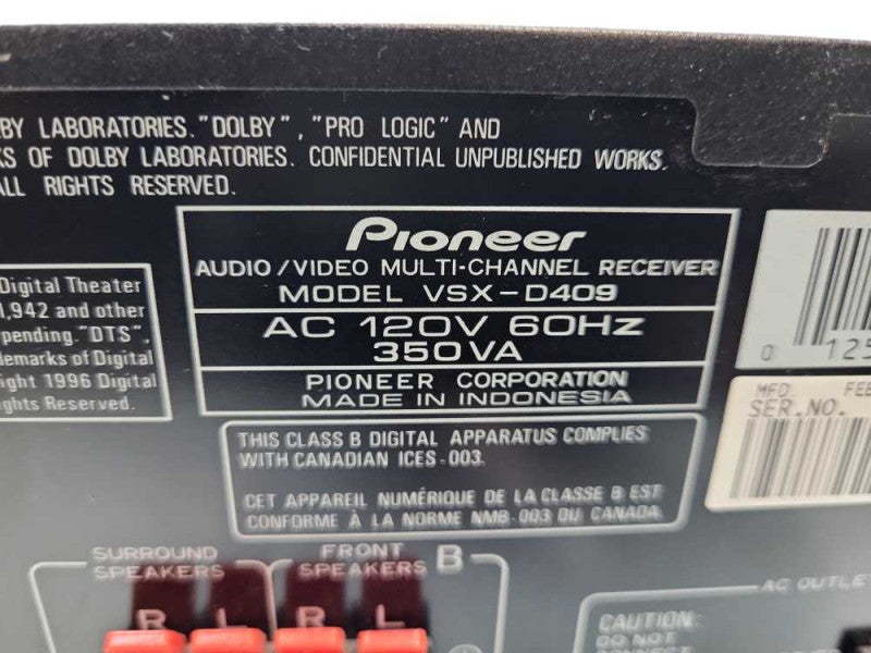 Pioneer VSX-D409 A/V Receiver with Dolby Digital and DTS with Remote  &