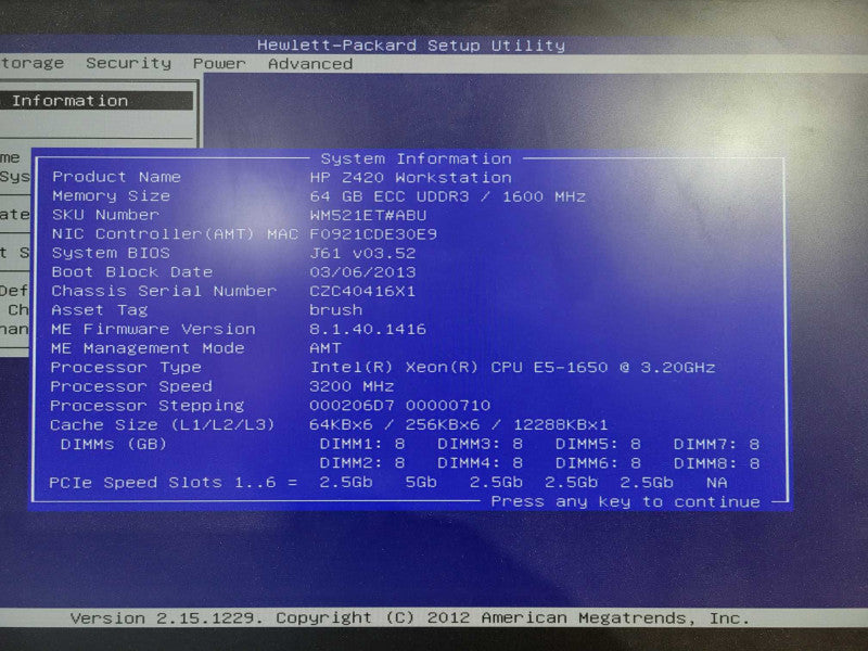 HP Z420 Workstation Xeon E5-1650  @ 3.20GHz 64GB Ram Quadro K4000 GPU No HDD READ !